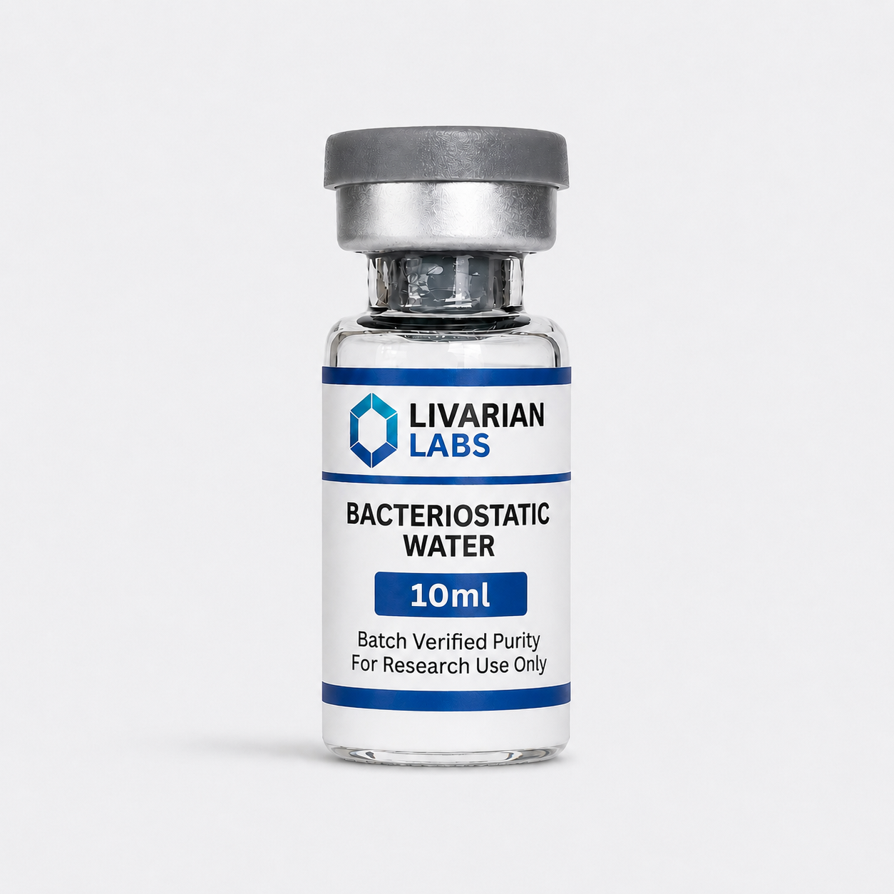 Vial of LIVARIAN LABS bacteriostatic water on a white background