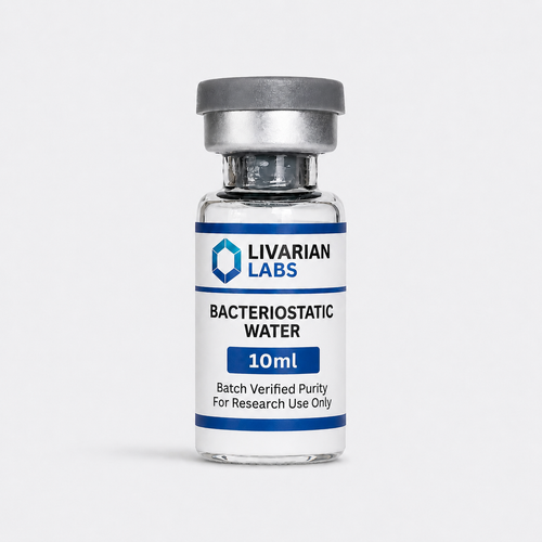 Vial of LIVARIAN LABS bacteriostatic water on a white background