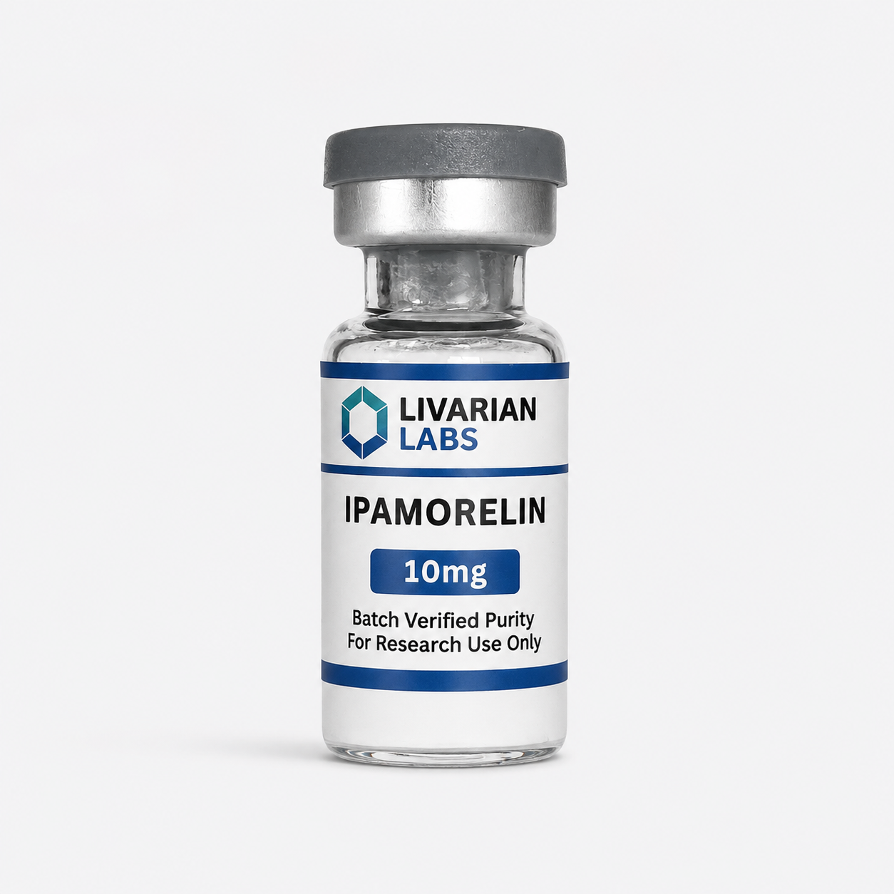 Vial of Livarian Labs Ipamorelin 10mg on a white background