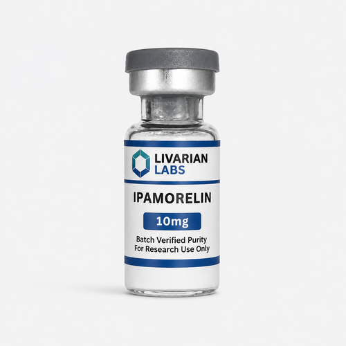Vial of Livarian Labs Ipamorelin 10mg on a white background