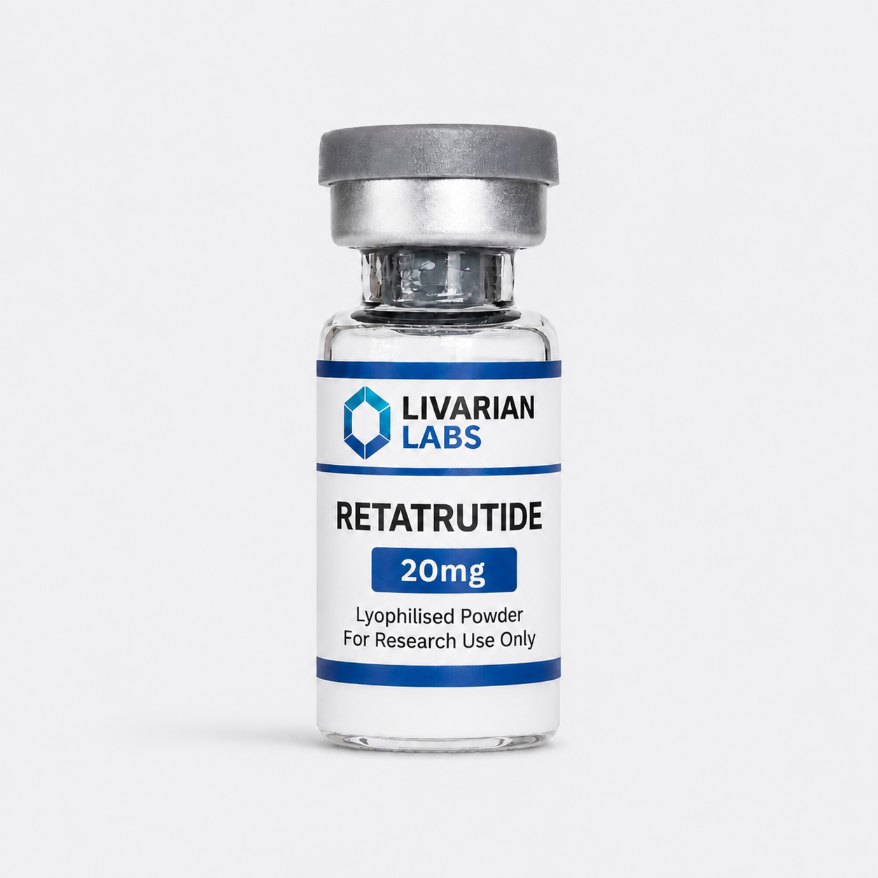 A small clear glass vial with a silver crimped cap and a white label reading LIVARIAN LABS RETATRUTIDE 20mg, photographed on a clean light gray background.