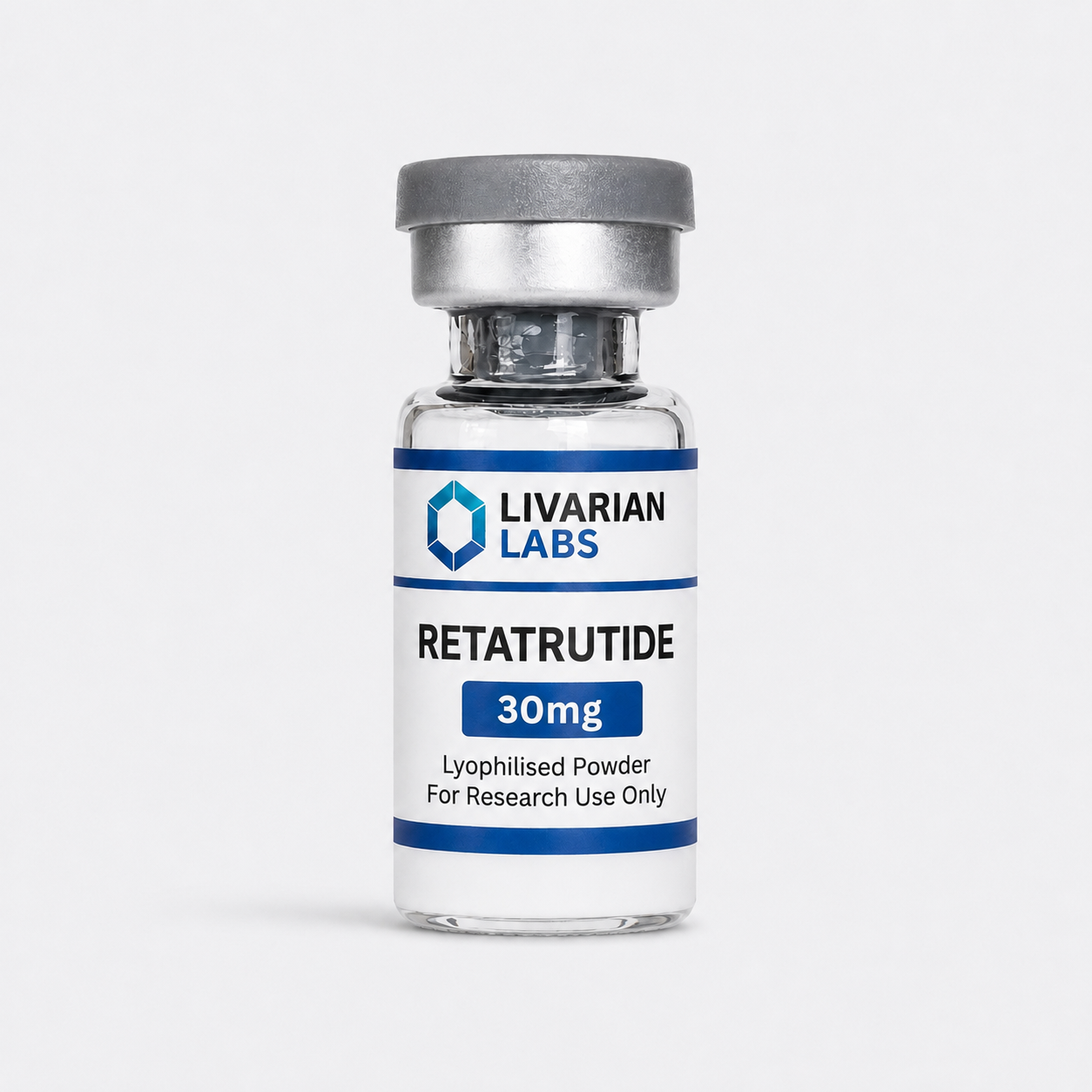 A small clear glass vial with a silver cap and a white label reading LIVARIAN LABS RETATRUTIDE 30mg, photographed on a light gray background.