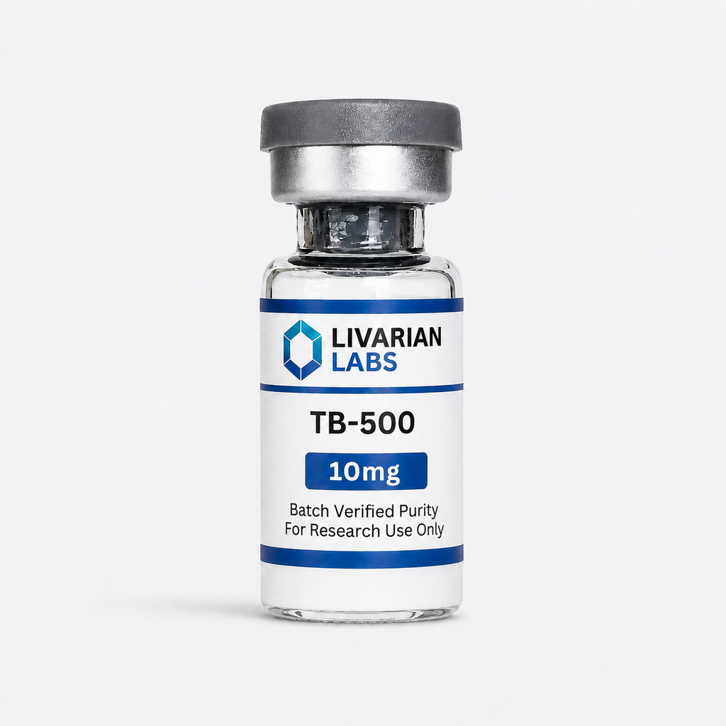 Vial labeled 'TB-500' from Livarian Labs on a white background