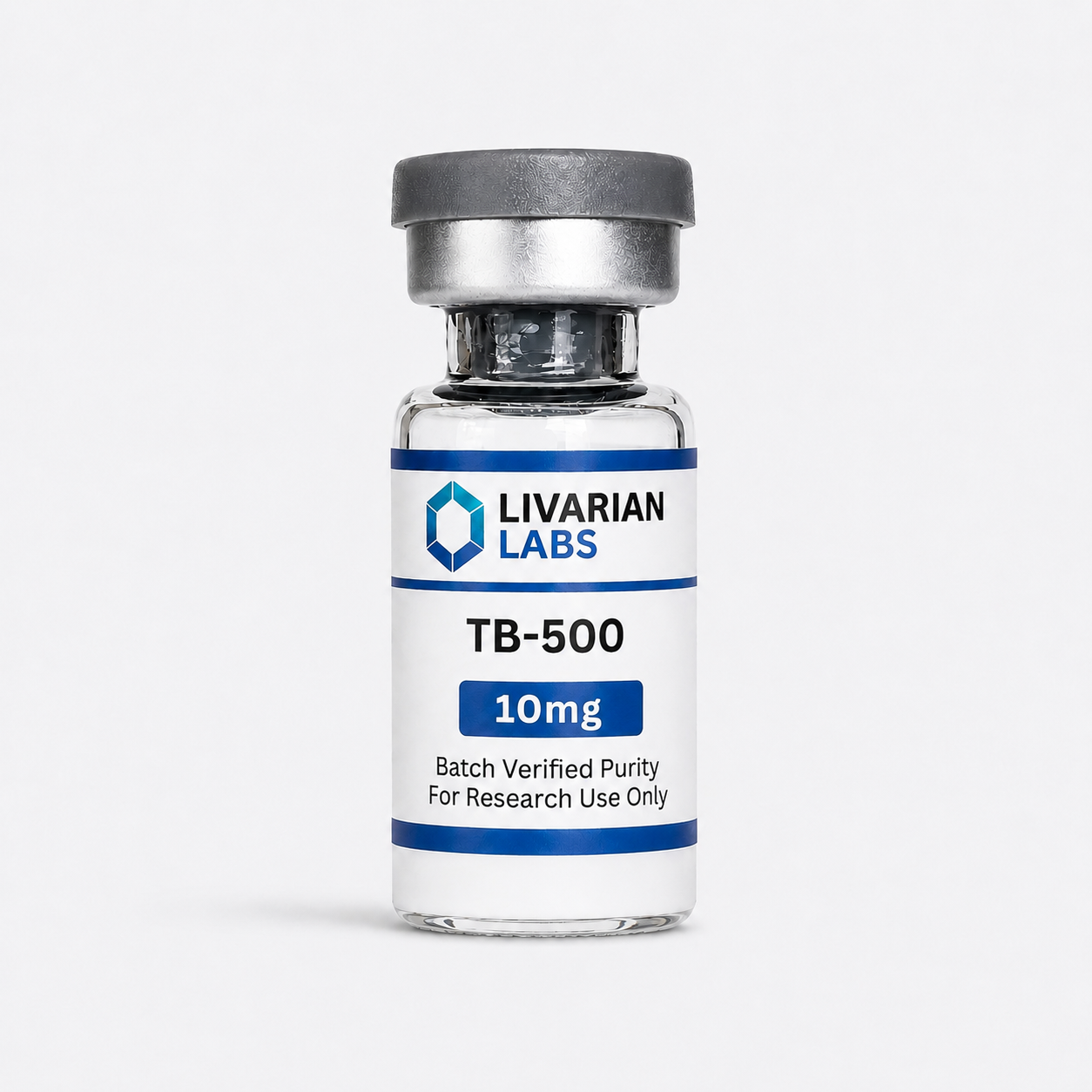 Vial labeled 'TB-500' from Livarian Labs on a white background