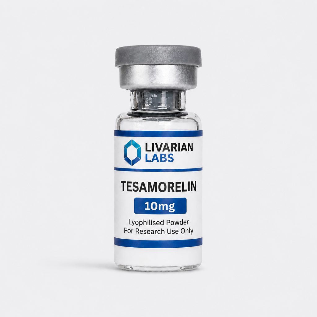 A small clear glass vial with a silver crimped cap and a white label reading LIVARIAN LABS TESAMORELIN 10mg, photographed on a light gray background.