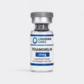 A small clear glass vial with a silver crimped cap and a white label reading LIVARIAN LABS TESAMORELIN 10mg, photographed on a light gray background.