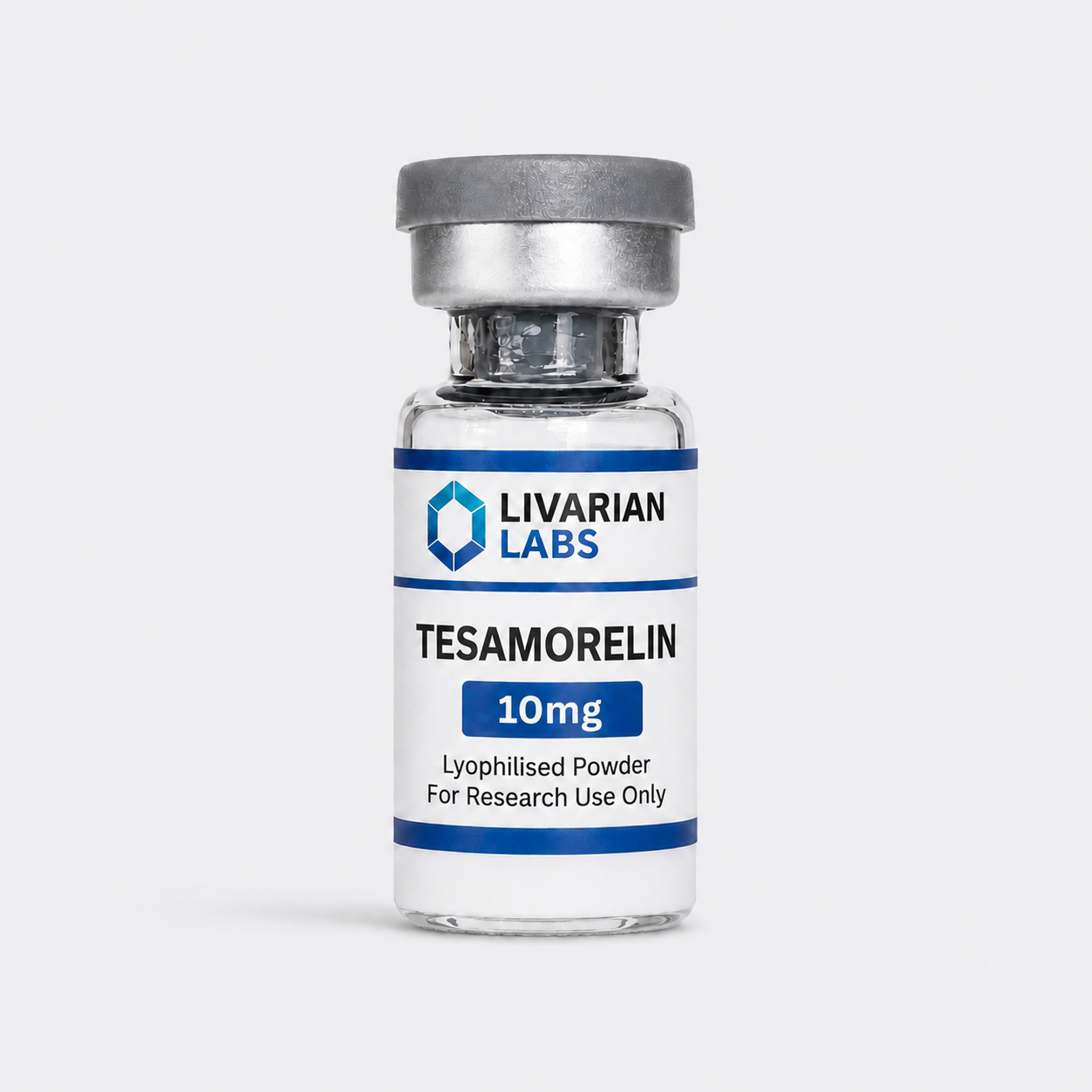 A small clear glass vial with a silver crimped cap and a white label reading LIVARIAN LABS TESAMORELIN 10mg, photographed on a light gray background.
