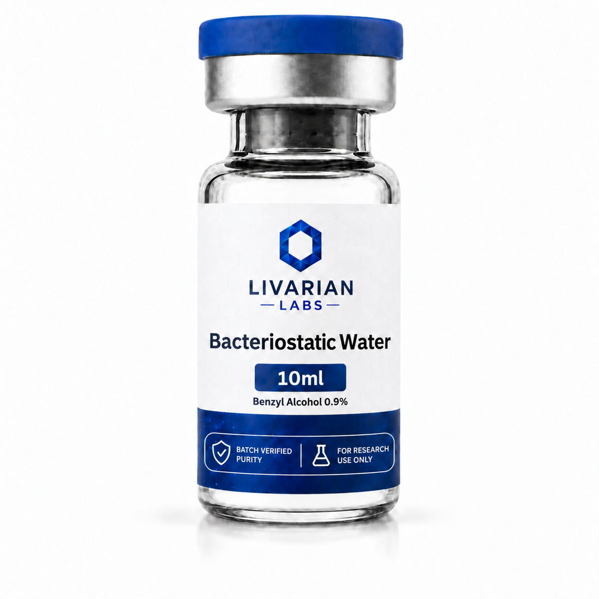 A 10ml glass vial of Livarian Labs Bacteriostatic Water, 0.9% benzyl alcohol, featuring a white label with blue accents and a blue cap, set against a clean white background.